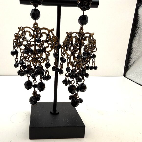 Vintage Black Beaded Chandelier Earrings Antiqued Brass Gothic Boho - Picture 1 of 8